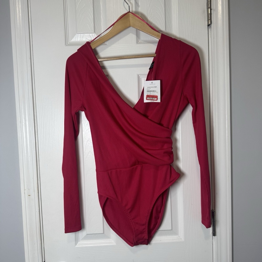 Women's TOPSHOP‎ Bodysuit Ribbed Surplice Top Magenta Pink Spring Summer Size 10